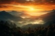 A beautiful scene of the sun rising above a forested mountain. Generative AI