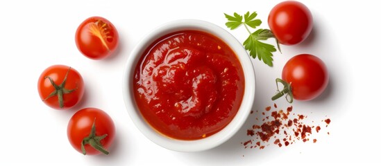 Canvas Print - Delicious tomato sauce served in a beautiful white bowl with freshly picked tomatoes and aromatic parise seasoning