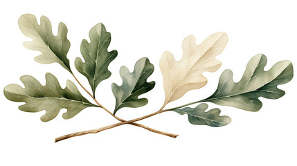 Watercolor Oak Branch with Leaves, cartoon clipart, isolated on transparent background.
