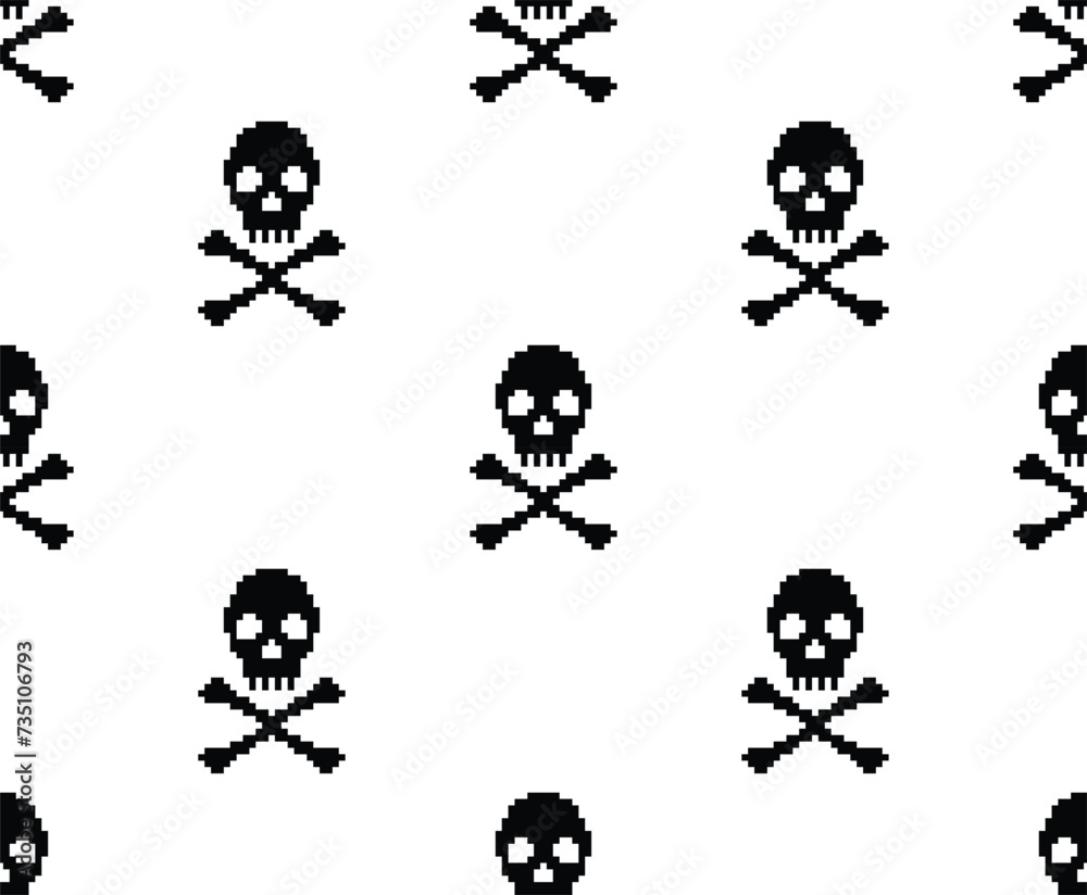 pixel Skull and bones Seamless Pattern vector pirate Skull background ...