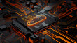 Futuristic Orange-Lit Cloud Chip on a Dark High-Tech Motherboard