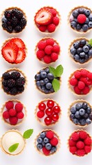 Wall Mural - Beautiful set of delicious sweet tartlets with fresh berries on a white background, top view. Banner design, vertical photo