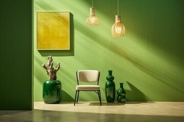 Sticker - A well-lit space with a sunlit wall, empty poster, corn vase, pendant lamps, and a green stool. Generative AI