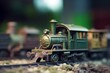 Macro capture of fictional toy locomotives diorama with shallow depth of field. Generative AI
