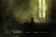 man sitting on the bench in church confessing