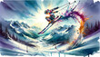A watercolor illustration captures a skier in mid-jump against a stunning mountain landscape,with a dynamic splash of colors enhancing the sense of motion.Artistic representation of sport.AI generated