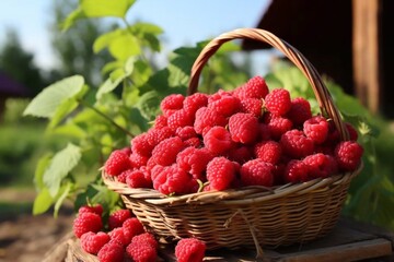 Wall Mural - Very healthy raspberries at the grandmother's village