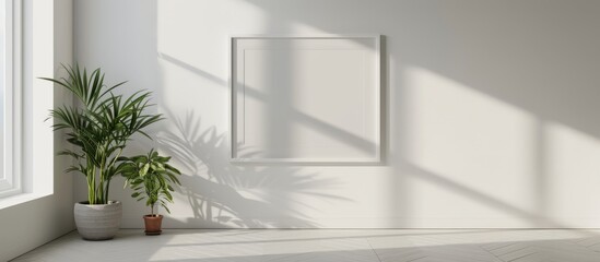 Poster - Lush green plant in a decorative pot next to a pure white wall in a modern interior setting