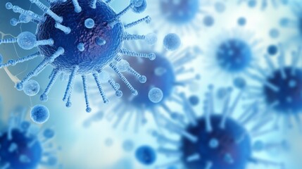 Poster - Blue cells of viruses and bacteria under a microscope. Science, Microbiology, Biology, Epidemic, Viral infection, Influenza, Healthcare and drug development against epidemic pathogens concepts.