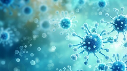 Poster - Close-up of the cells of viruses and bacteria under a microscope. Science, Microbiology, Biology, Epidemic, Viral infection, Influenza, Healthcare and drug development against epidemic pathogens.
