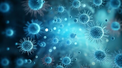 Poster - Blue cells of viruses and bacteria under a microscope. Science, Microbiology, Biology, Epidemic, Viral infection, Influenza, Healthcare and drug development against epidemic pathogens concepts.