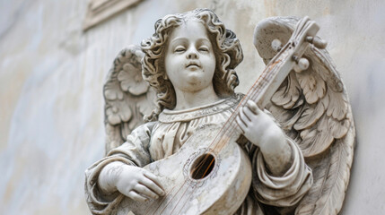 Wall Mural - An angel holding a delicately carved lute its strings seemingly plucked by invisible hands as celestial music fills the air.