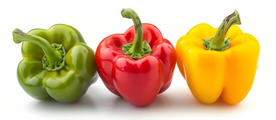 Canvas Print - A row of three bell peppers of different colors is showcased on a white background. These natural foods are a popular ingredient in cuisines worldwide, adding flavor and color to dishes.