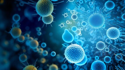 Poster - Close-up of the cells of viruses and bacteria under a microscope. Science, Microbiology, Biology, Epidemic, Viral infection, Influenza, Healthcare and drug development against epidemic pathogens.