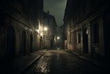 Fototapeta Uliczki - An eerie street in an ancient urban area, exuding a haunting atmosphere. Generative AI