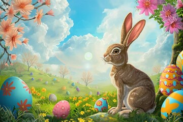 Wall Mural - a rabbit is sitting in a field with easter eggs and flowers