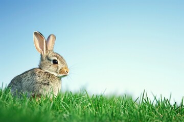 a small rabbit is sitting in the grass looking at the camera