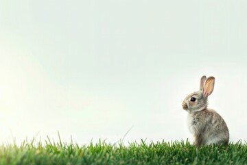 A Mountain Cottontail rabbit is sitting in the grass, looking at the camera