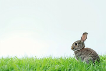 Wall Mural - A small wood rabbit is sitting in the grass on a natural landscape backdrop