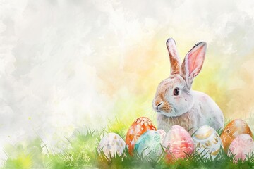 Wall Mural - A rabbit is nestled in the grass among easter eggs