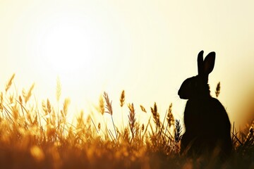 Wall Mural - Silhouette of a happy rabbit sitting in tall grass in a grassland
