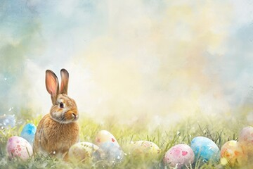 Wall Mural - A wood rabbit is peacefully sitting in the natural landscape next to Easter eggs