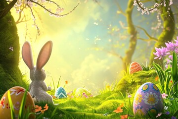 Wall Mural - A bunny sits in the grass among Easter eggs, surrounded by a natural landscape