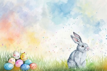 Wall Mural - A happy rabbit is lounging in the meadow next to a pile of colorful Easter eggs