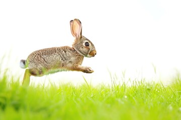 Wall Mural - Audubons Cottontail jumping in grassy groundcover on white backdrop