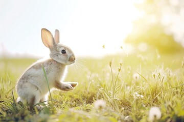 Poster - A joyful rabbit stands on hind legs in a grassy field