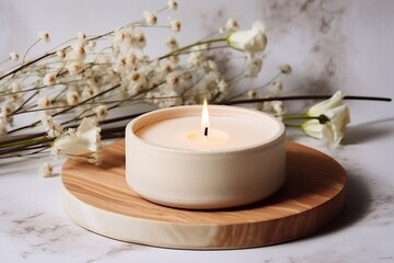 
Handmade candle from paraffin and soy wax in glass jar on concrete tray. Candle making. Minimalism. Luxurious white tray decoration, home interior decor with burning aroma candle with white dry flowe