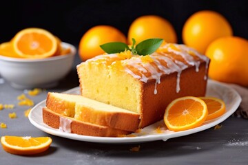 Wall Mural - Very tasty orange cake, moist bread with orange zest on a light background
