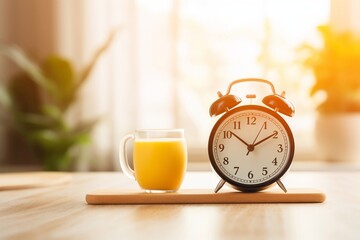 Support of morning procedures. Alarm clock and a cup of orange juice on the table. Morning concept