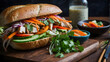 Vietnamese banh mi sandwich with grilled lemongrass chicken, pickled vegetables, and cilantro.