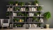 A contemporary-style bookshelf adorned with plants that serves as a modern decorative element for virtual office backdrops