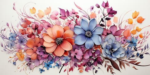 Wall Mural - Drawn painted bloom blossom flowers in watercolor style with many colors. Floral botanical abstract plants decoration collection