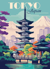 Wall Mural - Tokyo, Japan Travel Destination Poster in retro style. Cityscape print with traditional, modern old buildings, mountains, lake, forest. Exotic vacation, holidays concept. Vintage vector illustration.
