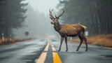 Fototapeta  - Majestic Deer Crossing a Misty Forest Road