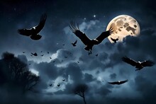 Dark Sunset Sky With Full Moon, Stars, Flock Of Flying Ravens, Crows