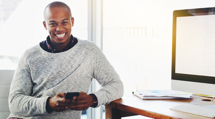 Aufkleber - Businessman, happy and portrait with cellphone in office, message and social media for online networking. IT Consultant, positive and face with mobile app for email, connectivity and browse in mockup