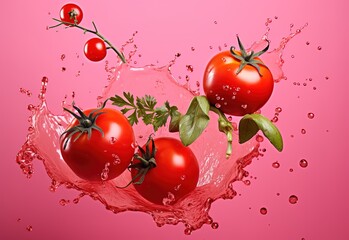 Wall Mural - falling red tomatoes with red water splash isolated pink, your plantation products, advertising, posters etc