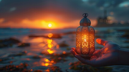Wall Mural - Hand holding a glowing lantern on the beach at sunset. Ramadan Kareem background