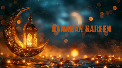 Wall Mural - Ramadan Kareem greeting card with arabic lantern and blurred lights.