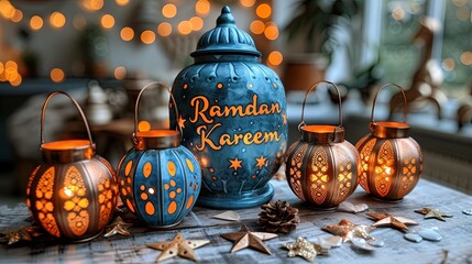 Wall Mural - Ramadan Kareem greeting card. Festive decoration with blue lanterns, candles and star on wooden table.