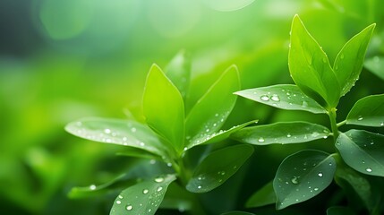 Fresh green leaves against blurred greenery natural background. Young plant with raindrops for ecology and nature concept.
