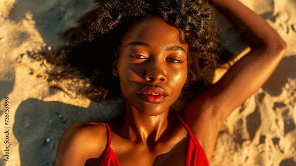 top view of a beautiful black woman wearing red swimsuit sunbathing on ...