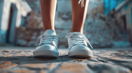 Poster - Close up shot of a person's shoes on a stone floor. Can be used to depict various themes such as fashion, footwear, urban lifestyle, or business