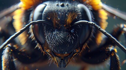 Poster - A detailed close up view of a bee's face. Can be used to illustrate the intricate features of insects or to highlight the beauty of nature
