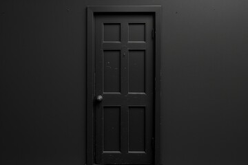 Poster - A black door with a metal handle in a dark room. Suitable for mystery, horror, or suspense themes