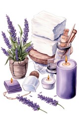 Poster - A painting depicting a collection of towels and candles. This versatile image can be used to create a cozy atmosphere or for spa and relaxation-themed projects